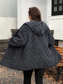 SHEIN LUNE Plus Size Comfortable Winter Double-Sided Fleece Hooded Jacket With Pockets - Dark Grey - View 3