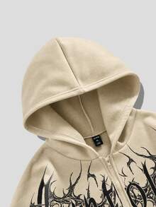 ROMWE MEN Street Life Men's Dark Gothic Print Loose Fit Zip-Up Hoodie - Apricot - View 3