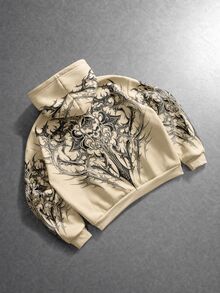 ROMWE MEN Street Life Men's Dark Gothic Print Loose Fit Zip-Up Hoodie - Apricot - View 2