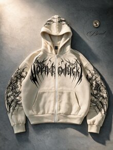 ROMWE MEN Street Life Men's Dark Gothic Print Loose Fit Zip-Up Hoodie - Apricot - View 5