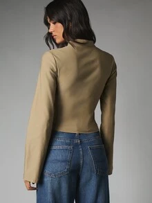 MISSGUIDED Military-Inspired Cropped Blouse With Silver Button Detail High Neck Long Sleeve Fitted Silhouette Casual Streetwear Top - Army Green - View 2