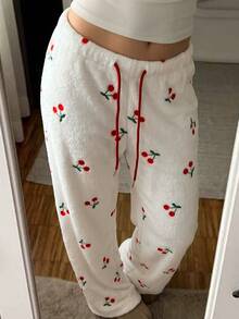 CovetEZ Women's Cherry Graphic Front Tie Detail Casual Pants - White - View 3