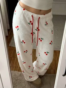 CovetEZ Women's Cherry Graphic Front Tie Detail Casual Pants - White - View 2