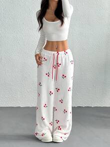 CovetEZ Women's Cherry Graphic Front Tie Detail Casual Pants - White - View 6