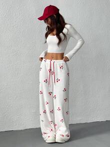 CovetEZ Women's Cherry Graphic Front Tie Detail Casual Pants - White - View 7
