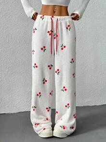 CovetEZ Women's Cherry Graphic Front Tie Detail Casual Pants - White - View 4