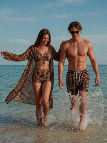 Manfinity Swimmode Men's Casual Classy Geometric Print Drawstring Waist Beach Holiday Shorts,Black Summer Tropical Hawaii Swim Bathing Vacation Couple Package Brown - Coffee Brown - View 4