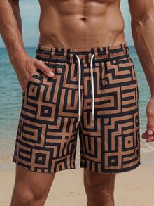 Manfinity Swimmode Men's Casual Classy Geometric Print Drawstring Waist Beach Holiday Shorts,Black Summer Tropical Hawaii Swim Bathing Vacation Couple Package Brown - Coffee Brown - View 3