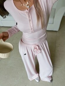 SHEIN EZwear Women's Knight Print Button Half-Placket Long Sleeve T-Shirt And Pants Casual Daily Lounge Outfit Set Light Pink Fall - Pink - View 5