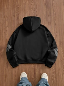SWAVVY Men's Spring/Autumn Casual Loose Fit Hoodie Sweatshirt, Black, All-Over Print - Black - View 3
