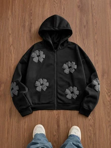 SWAVVY Men's Spring/Autumn Casual Loose Fit Hoodie Sweatshirt, Black, All-Over Print - Black - View 1