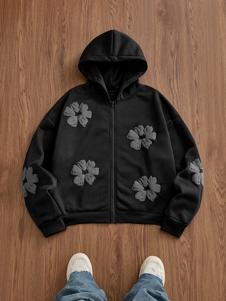 SWAVVY Men's Spring/Autumn Casual Loose Fit Hoodie Sweatshirt, Black, All-Over Print - Black - View 1