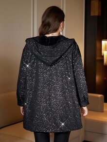 SHEIN Clasi Plus Size Elegant Fashion Bubble Sleeve Hooded Jacket - Black - View 3