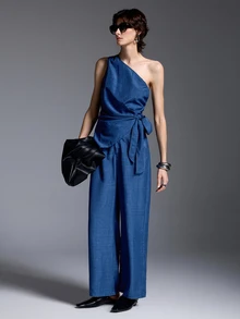 MYSTAURA Women's Solid Color One-Shoulder Top And Pants Casual Elegant Daily Two Pieces Set Brunch Vacation Summer - Navy Blue - View 4