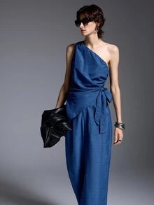 MYSTAURA Women's Solid Color One-Shoulder Top And Pants Casual Elegant Daily Two Pieces Set Brunch Vacation Summer - Navy Blue - View 1