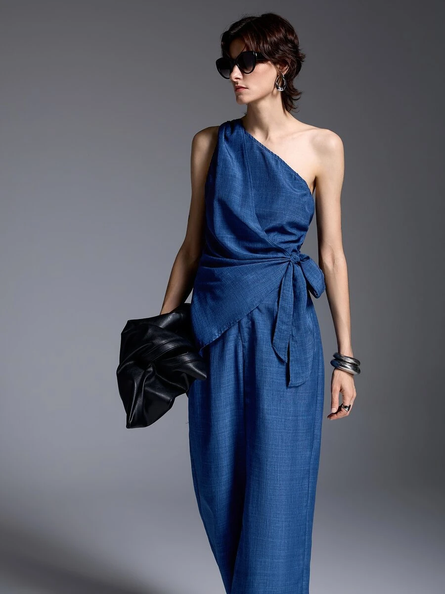 MYSTAURA Women's Solid Color One-Shoulder Top And Pants Casual Elegant Daily Two Pieces Set Brunch Vacation Summer - Navy Blue - View 1