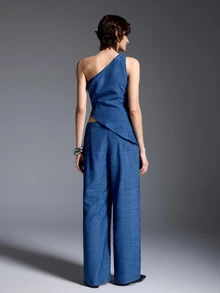 MYSTAURA Women's Solid Color One-Shoulder Top And Pants Casual Elegant Daily Two Pieces Set Brunch Vacation Summer - Navy Blue - View 2