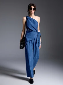 MYSTAURA Women's Solid Color One-Shoulder Top And Pants Casual Elegant Daily Two Pieces Set Brunch Vacation Summer - Navy Blue - View 5