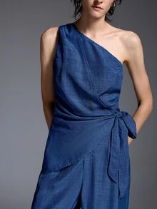 MYSTAURA Women's Solid Color One-Shoulder Top And Pants Casual Elegant Daily Two Pieces Set Brunch Vacation Summer - Navy Blue - View 3