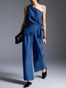 MYSTAURA Women's Solid Color One-Shoulder Top And Pants Casual Elegant Daily Two Pieces Set Brunch Vacation Summer - Navy Blue - View 6