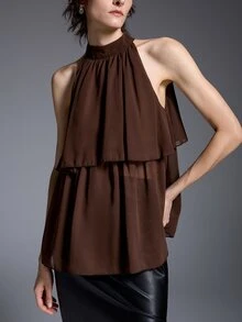 Silhoulove French Elegant Casual Boho Dark Brown Chiffon Double Layer Ruffle Sleeveless Blouse With Back Tie Strap And Halter Neck For Date Vacation Summer - Brown - View 3