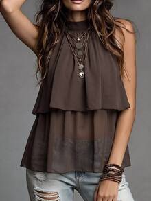 Silhoulove French Elegant Casual Boho Dark Brown Chiffon Double Layer Ruffle Sleeveless Blouse With Back Tie Strap And Halter Neck For Date Vacation Summer - Brown - View 10