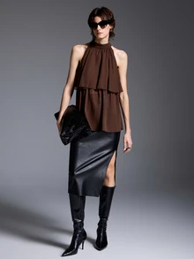 Silhoulove French Elegant Casual Boho Dark Brown Chiffon Double Layer Ruffle Sleeveless Blouse With Back Tie Strap And Halter Neck For Date Vacation Summer - Brown - View 1