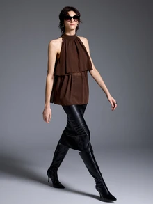 Silhoulove French Elegant Casual Boho Dark Brown Chiffon Double Layer Ruffle Sleeveless Blouse With Back Tie Strap And Halter Neck For Date Vacation Summer - Brown - View 6