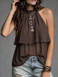 Silhoulove French Elegant Casual Boho Dark Brown Chiffon Double Layer Ruffle Sleeveless Blouse With Back Tie Strap And Halter Neck For Date Vacation Summer - Brown - View 12
