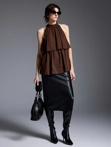 Silhoulove French Elegant Casual Boho Dark Brown Chiffon Double Layer Ruffle Sleeveless Blouse With Back Tie Strap And Halter Neck For Date Vacation Summer - Brown - View 5