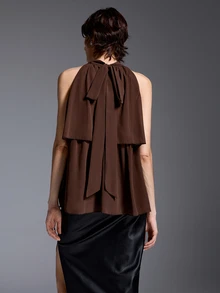 Silhoulove French Elegant Casual Boho Dark Brown Chiffon Double Layer Ruffle Sleeveless Blouse With Back Tie Strap And Halter Neck For Date Vacation Summer - Brown - View 2