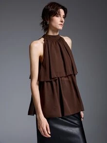 Silhoulove French Elegant Casual Boho Dark Brown Chiffon Double Layer Ruffle Sleeveless Blouse With Back Tie Strap And Halter Neck For Date Vacation Summer - Brown - View 4