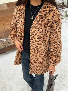SHEIN EZwear Women's Leopard Print Casual Versatile Daily Wear Hooded Jacket - Multicolor - View 4