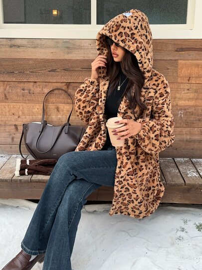 SHEIN EZwear Women's Leopard Print Casual Versatile Daily Wear Hooded Jacket