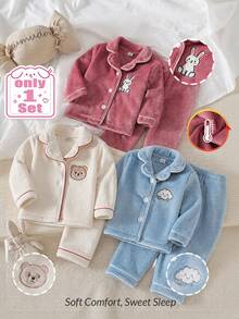 Baby Girl Long Sleeve Button-Up Top And Pants Set, Autumn/Winter Plush Fabric With Cute Rabbit Embroidery, Comfortable Home Wear Pajamas Loungewear Outfit - Pink - View 9