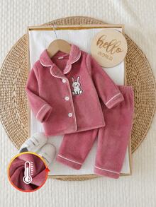 Baby Girl Long Sleeve Button-Up Top And Pants Set, Autumn/Winter Plush Fabric With Cute Rabbit Embroidery, Comfortable Home Wear Pajamas Loungewear Outfit - Pink - View 3