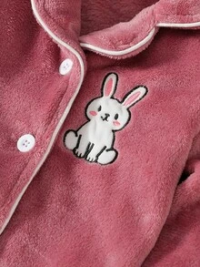 Baby Girl Long Sleeve Button-Up Top And Pants Set, Autumn/Winter Plush Fabric With Cute Rabbit Embroidery, Comfortable Home Wear Pajamas Loungewear Outfit - Pink - View 5