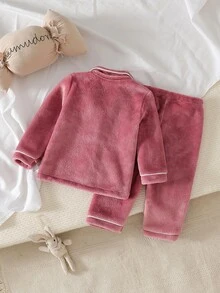 Baby Girl Long Sleeve Button-Up Top And Pants Set, Autumn/Winter Plush Fabric With Cute Rabbit Embroidery, Comfortable Home Wear Pajamas Loungewear Outfit - Pink - View 2