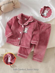 Baby Girl Long Sleeve Button-Up Top And Pants Set, Autumn/Winter Plush Fabric With Cute Rabbit Embroidery, Comfortable Home Wear Pajamas Loungewear Outfit - Pink - View 4