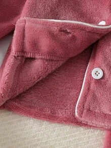 Baby Girl Long Sleeve Button-Up Top And Pants Set, Autumn/Winter Plush Fabric With Cute Rabbit Embroidery, Comfortable Home Wear Pajamas Loungewear Outfit - Pink - View 8