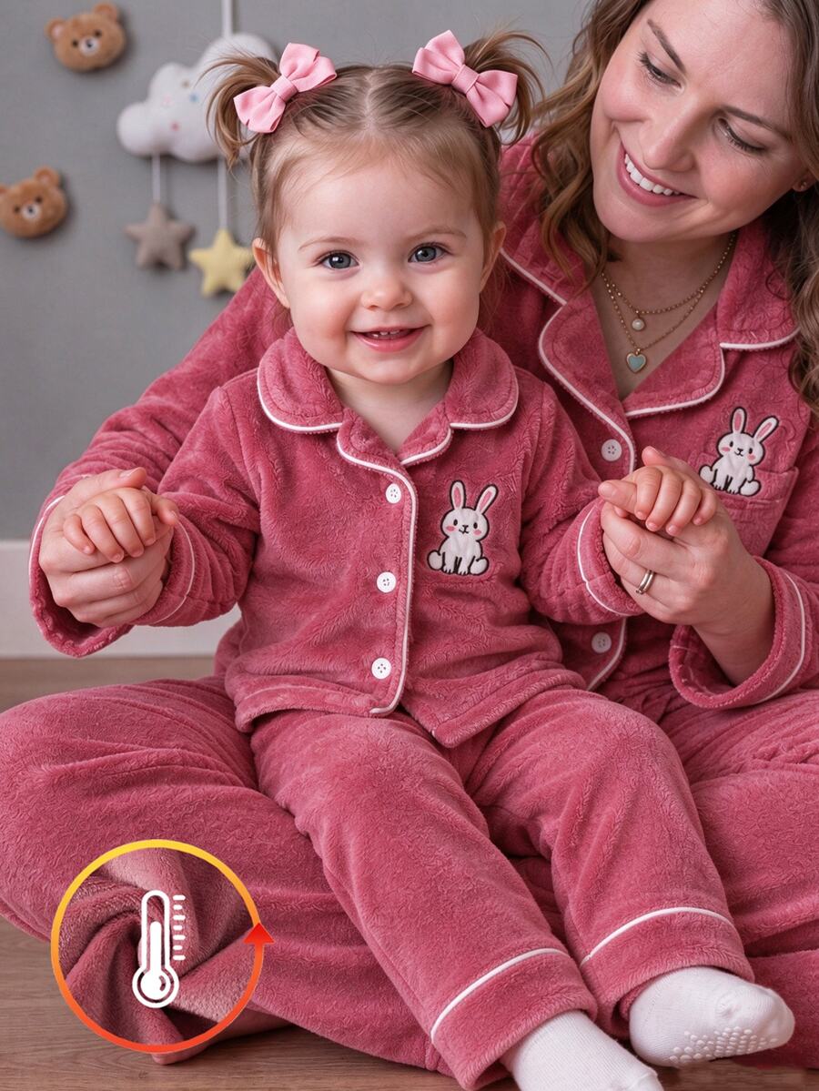Baby Girl Long Sleeve Button-Up Top And Pants Set, Autumn/Winter Plush Fabric With Cute Rabbit Embroidery, Comfortable Home Wear Pajamas Loungewear Outfit - Pink - View 1