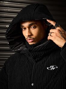 ROMWE MEN Men's Hooded Long Sleeve Winter Jacket - Black - View 2
