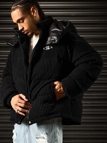ROMWE MEN Men's Hooded Long Sleeve Winter Jacket - Black - View 5