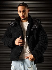 ROMWE MEN Men's Hooded Long Sleeve Winter Jacket - Black - View 9