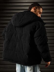ROMWE MEN Men's Hooded Long Sleeve Winter Jacket - Black - View 4