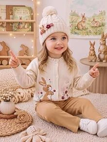 SHEIN Baby Girl Rabbit & Flower Embroidered Cardigan & Knitted Autumn Pants Set - Khaki - View 2