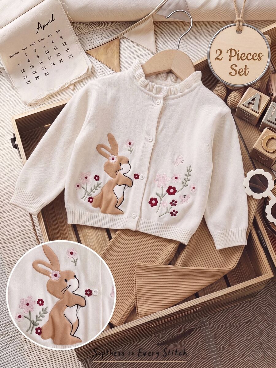 SHEIN Baby Girl Rabbit & Flower Embroidered Cardigan & Knitted Autumn Pants Set - Khaki - View 1