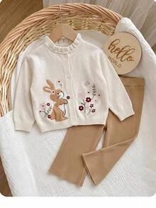 SHEIN Baby Girl Rabbit & Flower Embroidered Cardigan & Knitted Autumn Pants Set - Khaki - View 5