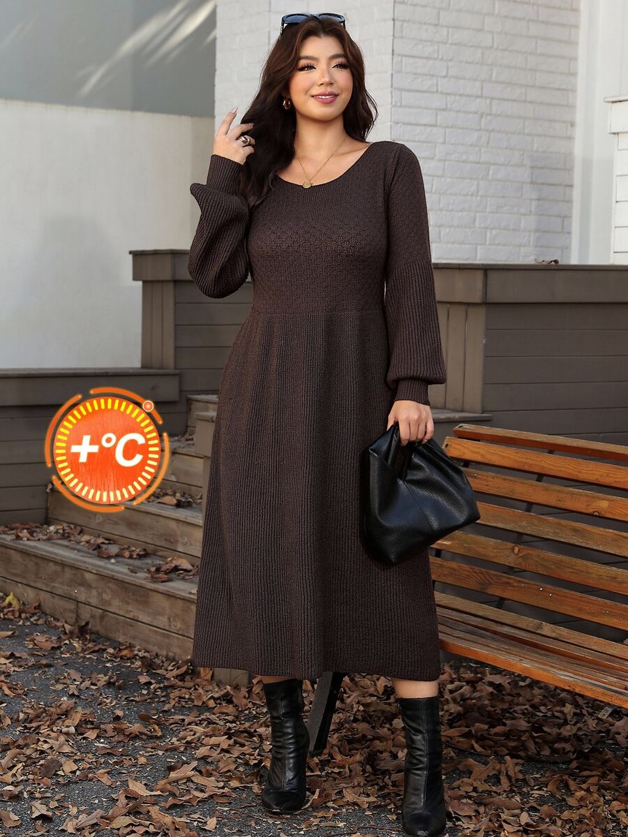SHEIN LUNE Plus Size Women's Knit Dress, Autumn/Winter, Round Neck, Long Sleeve, Mid-Length, Soft And Comfortable