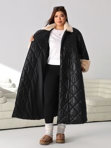 Solflare Plus Size Women's Plush Patchwork Casual Versatile Winter Padded Coat - Black - View 6